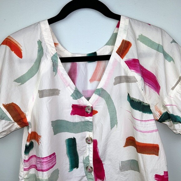 Anthropologie Aimee Clarke Art Brushstroke Button Back Puff Sleeve Top Womens XS - Picture 13 of 16